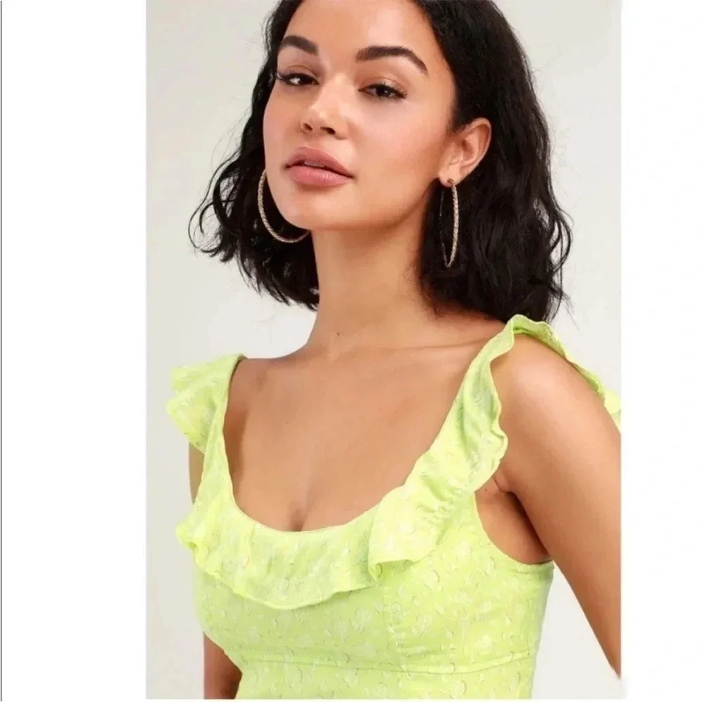 Free People stay with you green satin ruffle boho top